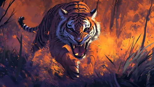 Dynamic digital painting of charging tiger in fiery foliage