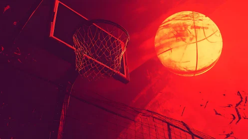 Urban hoop silhouette under blazing neon sun sphere.