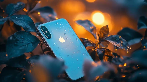 Apple iPhone with water-resistant silicon chassis suspended among foliage with golden hour backlight