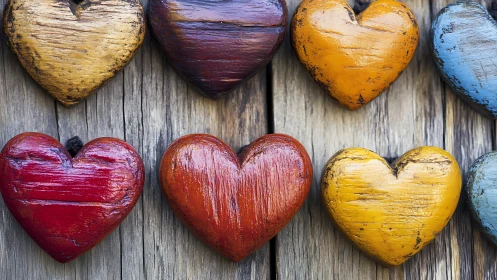 Painted wooden hearts arranged on weathered timber surface.