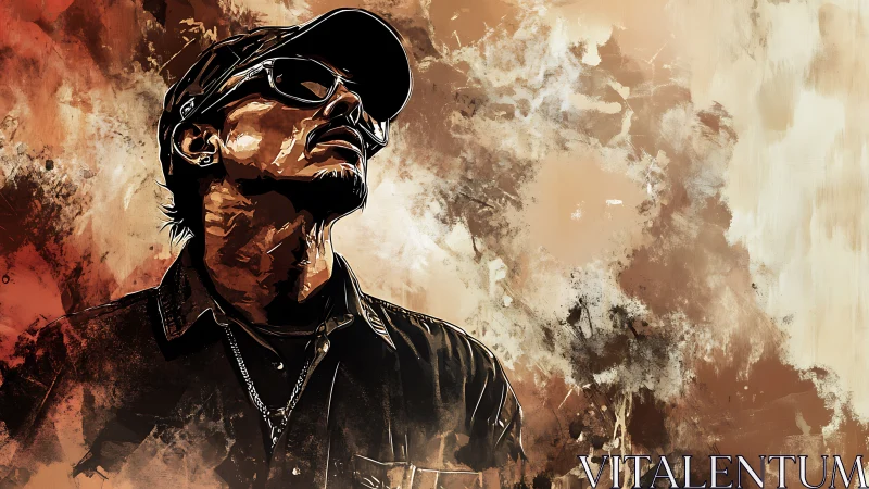 Stylized man in sunglasses gazes upward against abstract background