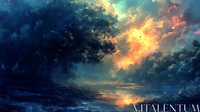 Skyfire riverdream where twilight trees guard the glow.