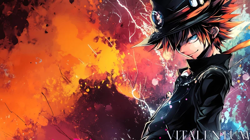 Flame-eyed trickster in ink-black coat guards the neon storm.