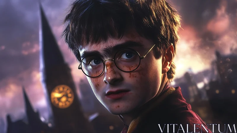 Young bespectacled wizard portrait at dusk, clocktower backdrop