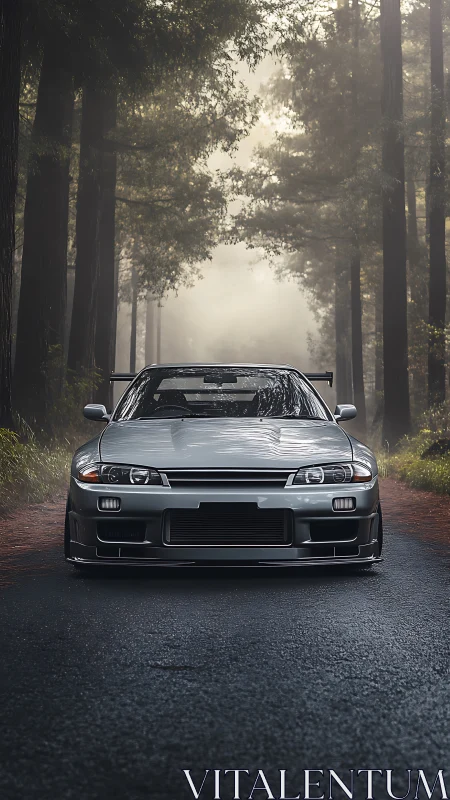 Sporty silver coupe pauses on a misty forest road.