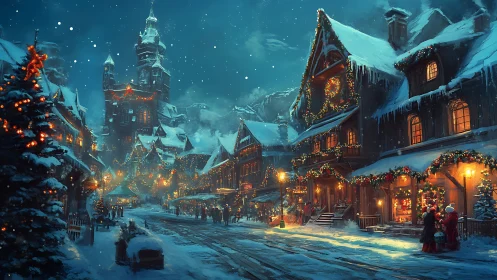 Snowy European village street under festive winter night sky