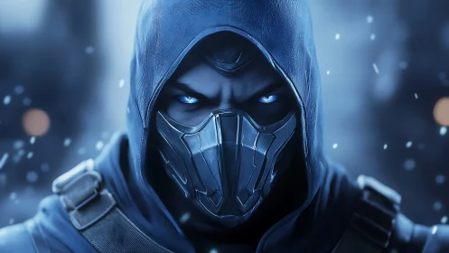 Ice-eyed masked assassin under falling snowlit embers.