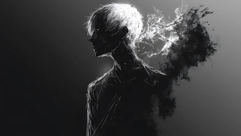 Silhouetted figure dissolves into white energy and shadowed smoke