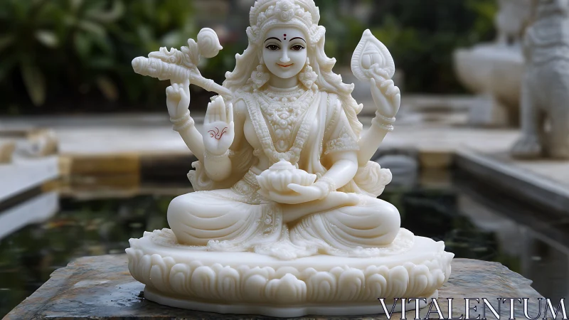 Serene ivory goddess statue beside reflective garden pool.