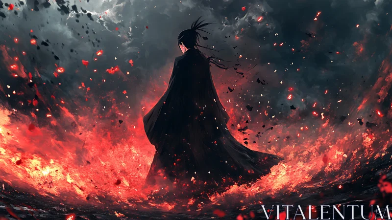 Lone dark swordsman striding through a storm of molten embers.