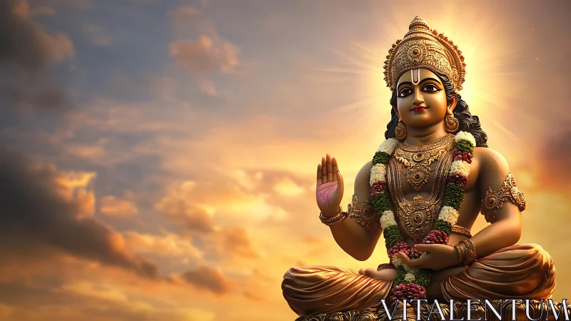 Seated Hindu deity statue with sunset sky background.