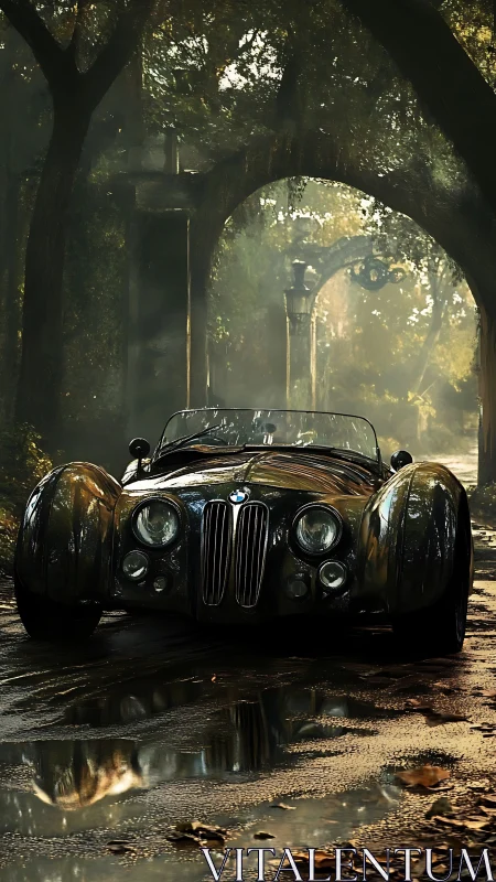 Vintage BMW roadster rendered in wet reflective forest roadway