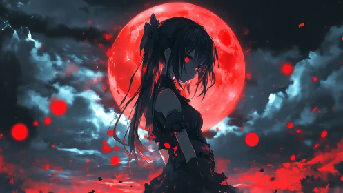 Mysterious moonlit girl bathed in glowing crimson night.