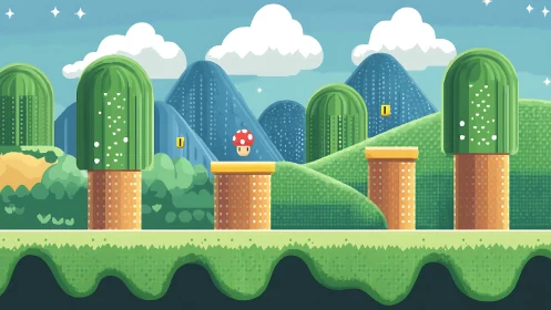 Pixelated Paradise: Verdant Cacti Guarding the Mushroom Kingdom.