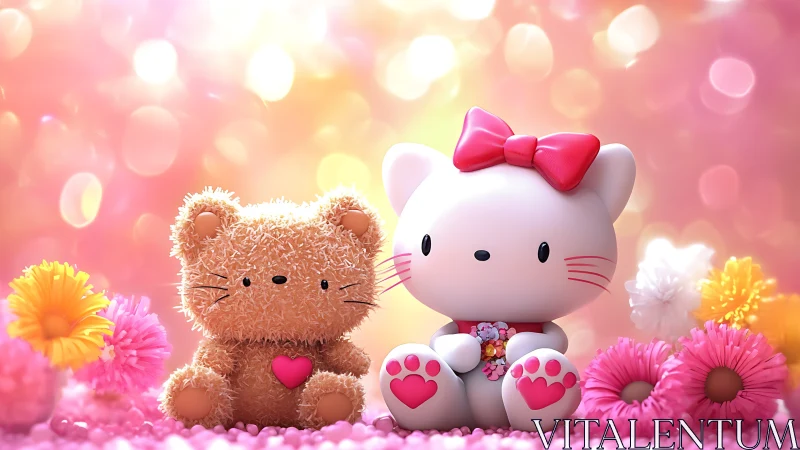 Plush Bear and Anthropomorphic Feline Figure in Floral Bokeh Environment