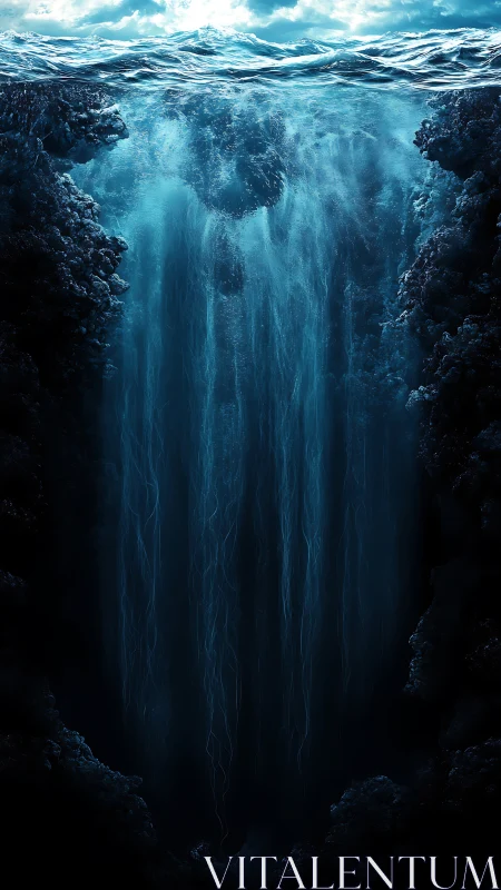 Ocean surface opens into deep vertical underwater chasm