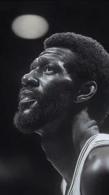 Monochrome courtside closeup of focused basketball player profile.