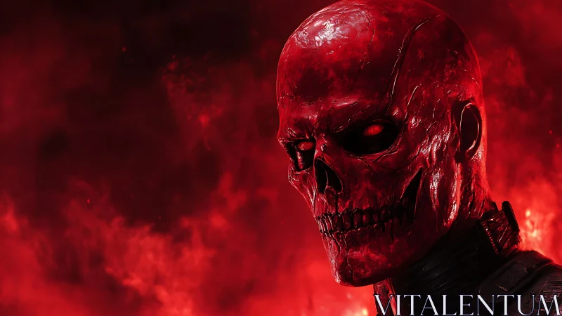 Crimson skull warrior emerging from a blazing red inferno.