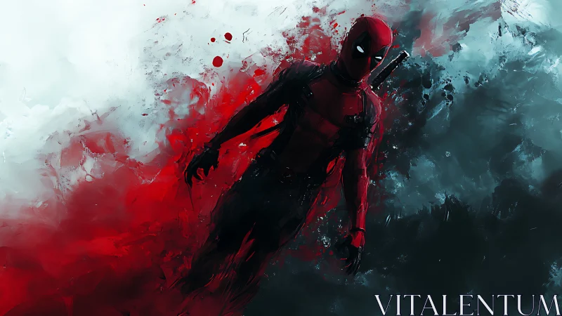 Dynamic red-suited vigilante emerging from abstract bicolor vortex