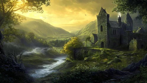 Stone castle beside river in misty green valley at dawn.