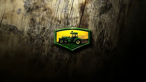 Emblematic green tractor badge on distressed timber surface.