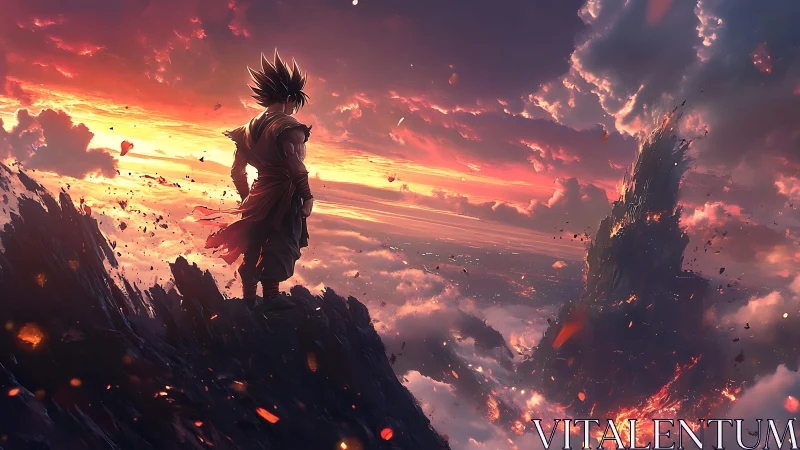 Warrior silhouette above molten cloudscape at burning dawn.