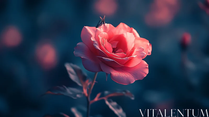 Coral Rose in Teal Atmospheric Bokeh.