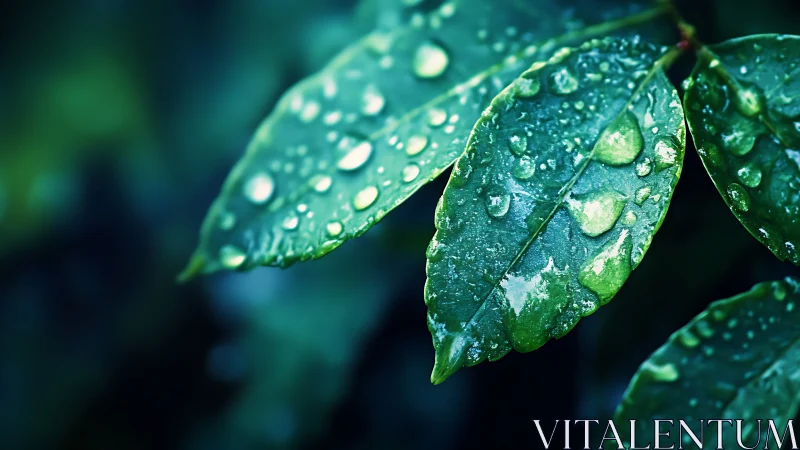 Macro study isolates dew-laden leaves in cool blue light