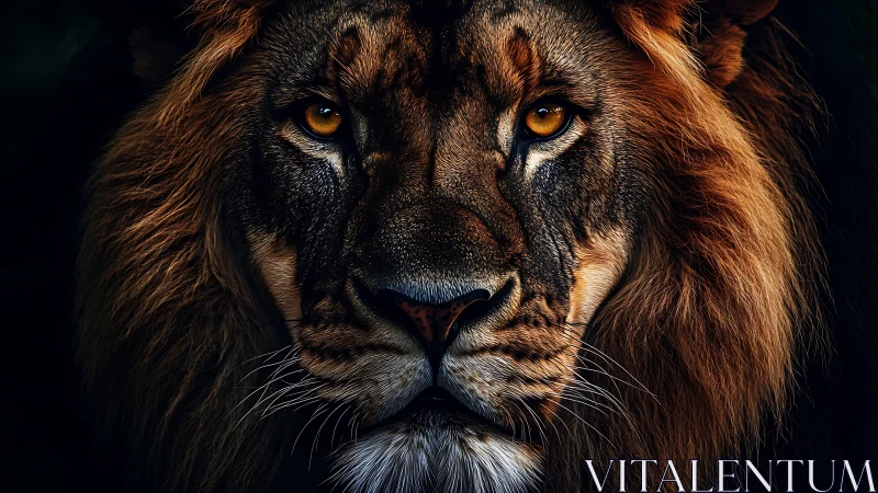 Close frontal view of lion face in low key lighting.