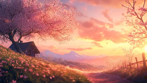 Hillside cabin with cherry blossoms at sunset in springtime.