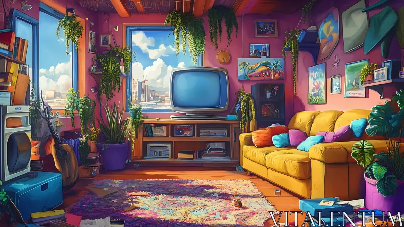 Retro living room interior with CRT TV, plants and city view