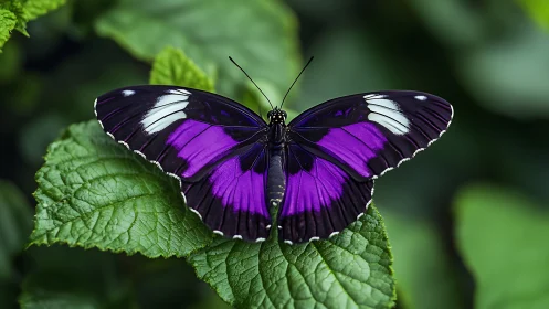 Purple butterfly rests on green leaf with wings fully open