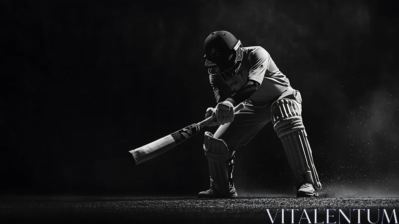 Cricket batter crouches low in dramatic stadium spotlight.