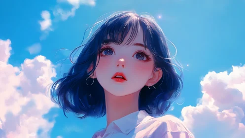 Dreamy blue-haired girl gazes upward in luminous sky scene.