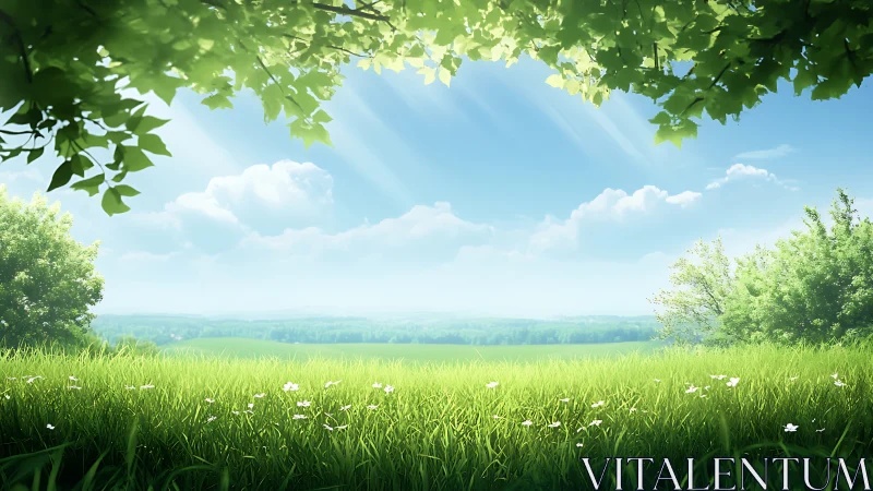 Sunlit green meadow lies under clear blue summer sky