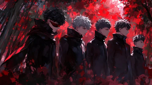 Dark coated figures aligned in red forest setting.