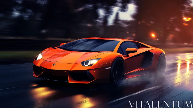 Orange supercar accelerates along wet city road at night