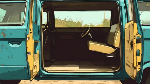 Side view of open vintage van interior in stylized art.