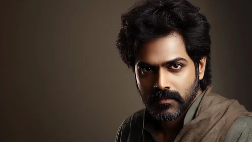 Photorealistic male portrait with dramatic studio lighting focus.