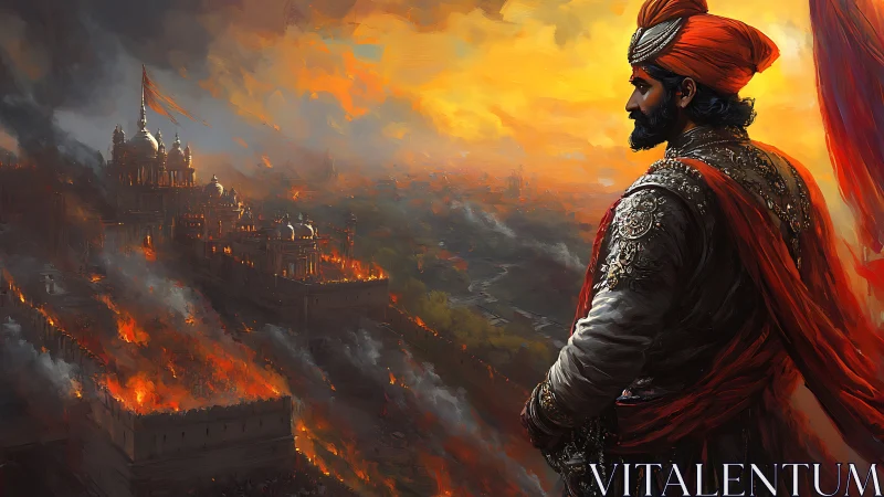 Ember-crowned warrior studies a burning citadel at dusk