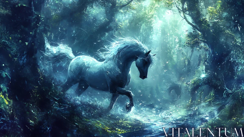 Luminescent white stallion strides through ethereal forest stream
