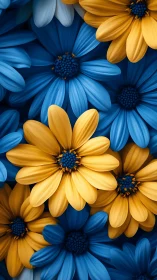 Blue and Yellow Daisies in Densely Packed Floral Composition