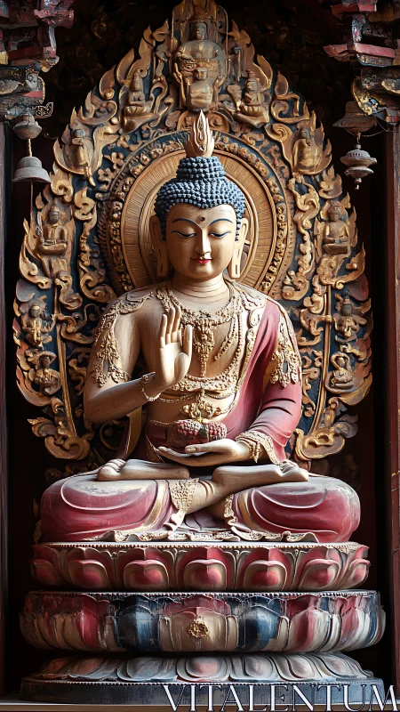 Seated Buddha sculpture with ornate halo and lotus pedestal.