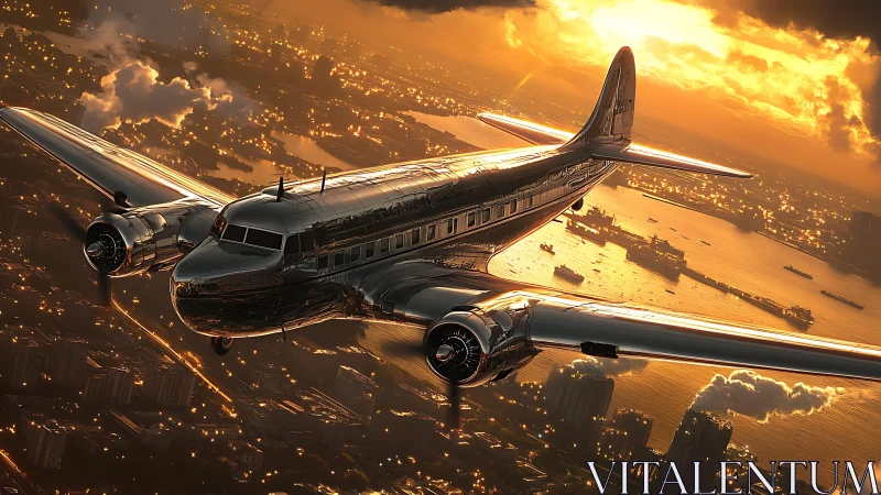 Streamlined vintage airliner over sunlit coastal metropolis