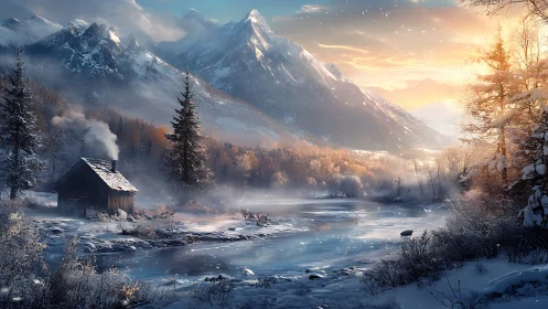 Winter cabin beside frozen river under glowing alpine sunrise.
