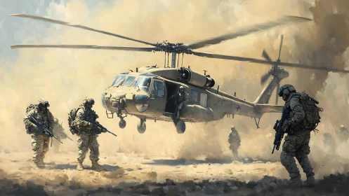 Tactical helicopter insertion in desert brownout with armed squad