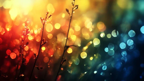 Backlit plant stems against colorful bokeh field of light.