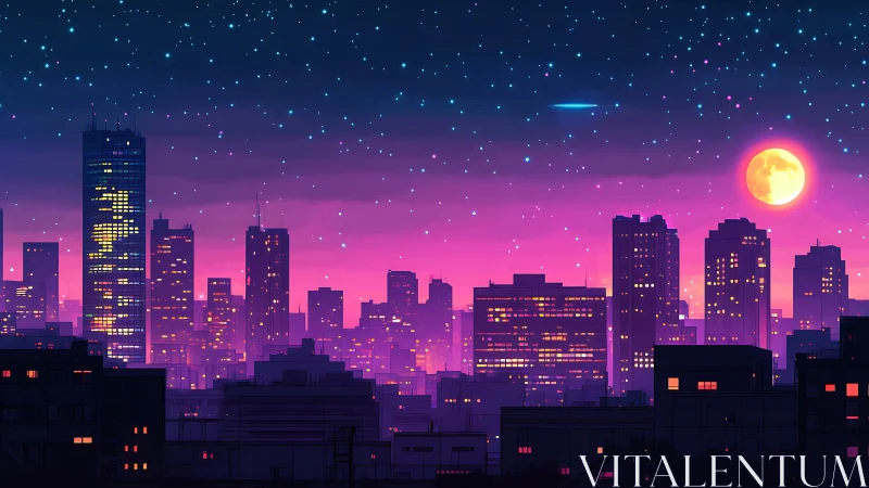 Digital painting of neon dusk skyline with layered silhouettes.