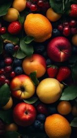 Orchard treasure medley of ripe fruit glowing in deep shadow.