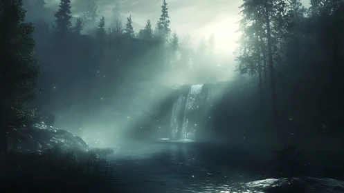 Moonlit mistfall over hushwater pool of whispering firs.